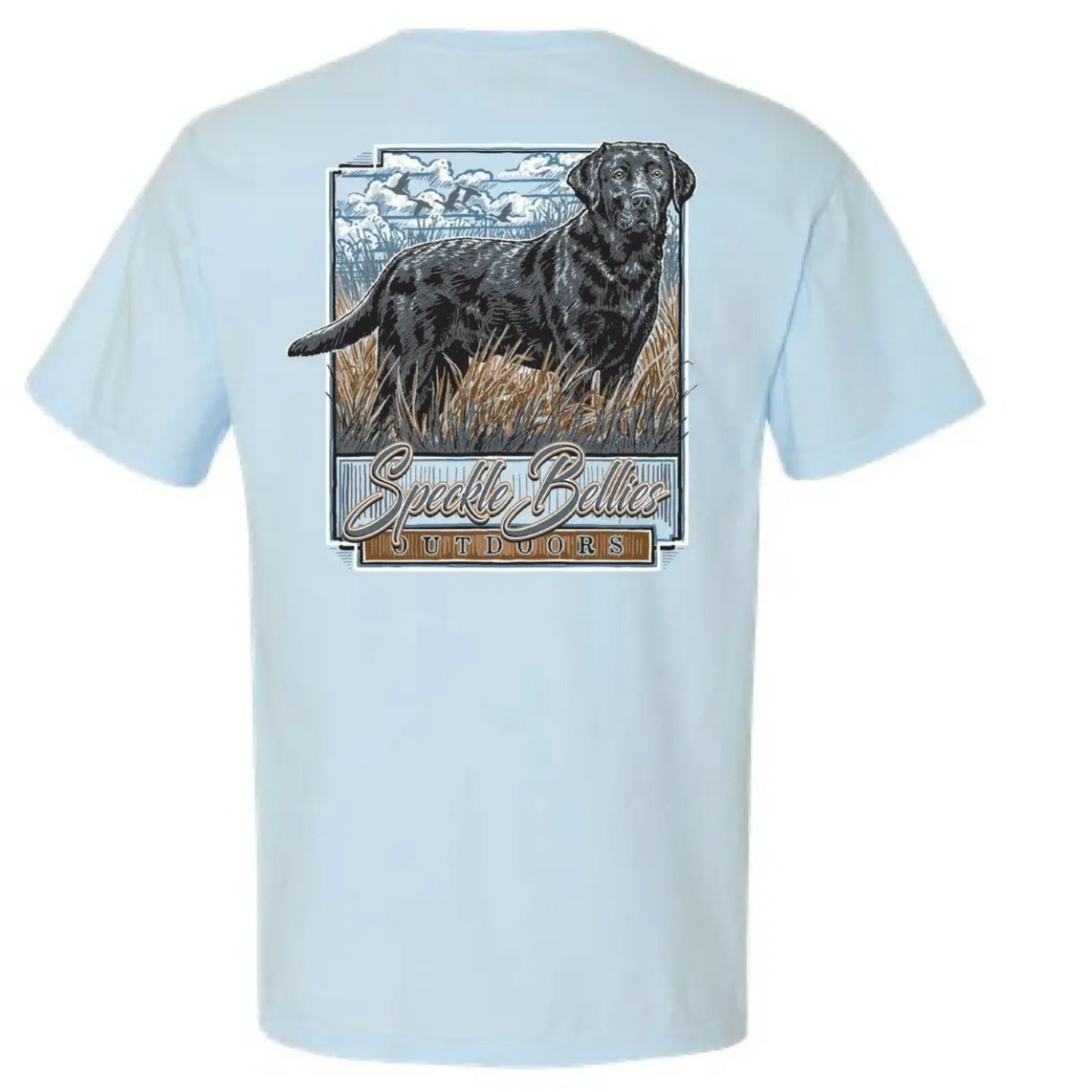 This Men's Speckled Bellies black lab short sleeve t-shirt is the perfect choice for outdoor enthusiasts. Featuring a unique speckled design and a classic black lab graphic, this t-shirt is not only stylish but also practical with its convenient pocket. Made for comfort and durability, it's a must-have for any wilderness adventure.