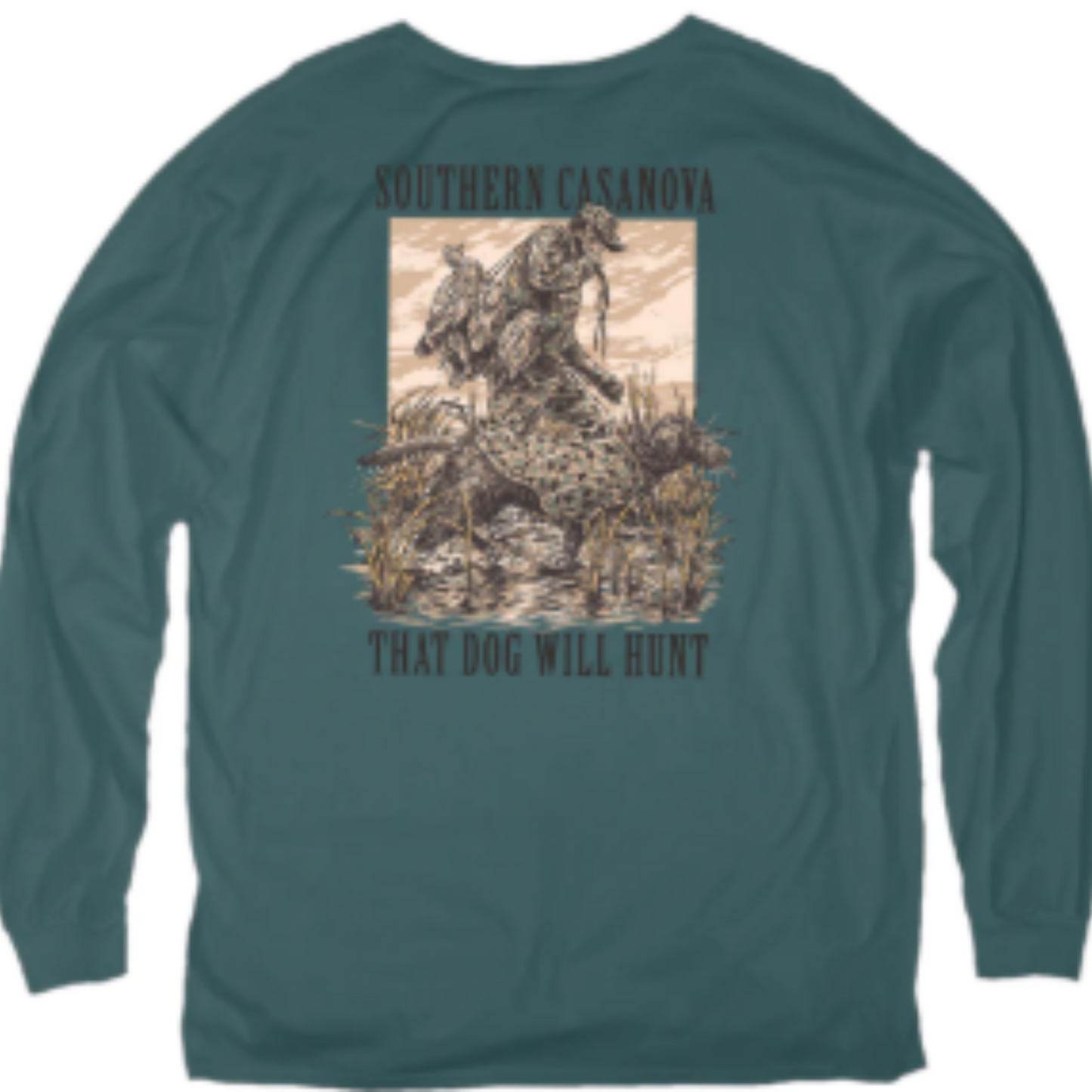 Stay comfortable and warm during your hunting season with this green Long Sleeve shirt from Southern Casanova. Featuring a black lab and mallard design, this shirt is the perfect choice for any dog hunter. Made for men, enjoy the water and stay in style with this long-lasting and durable shirt.
