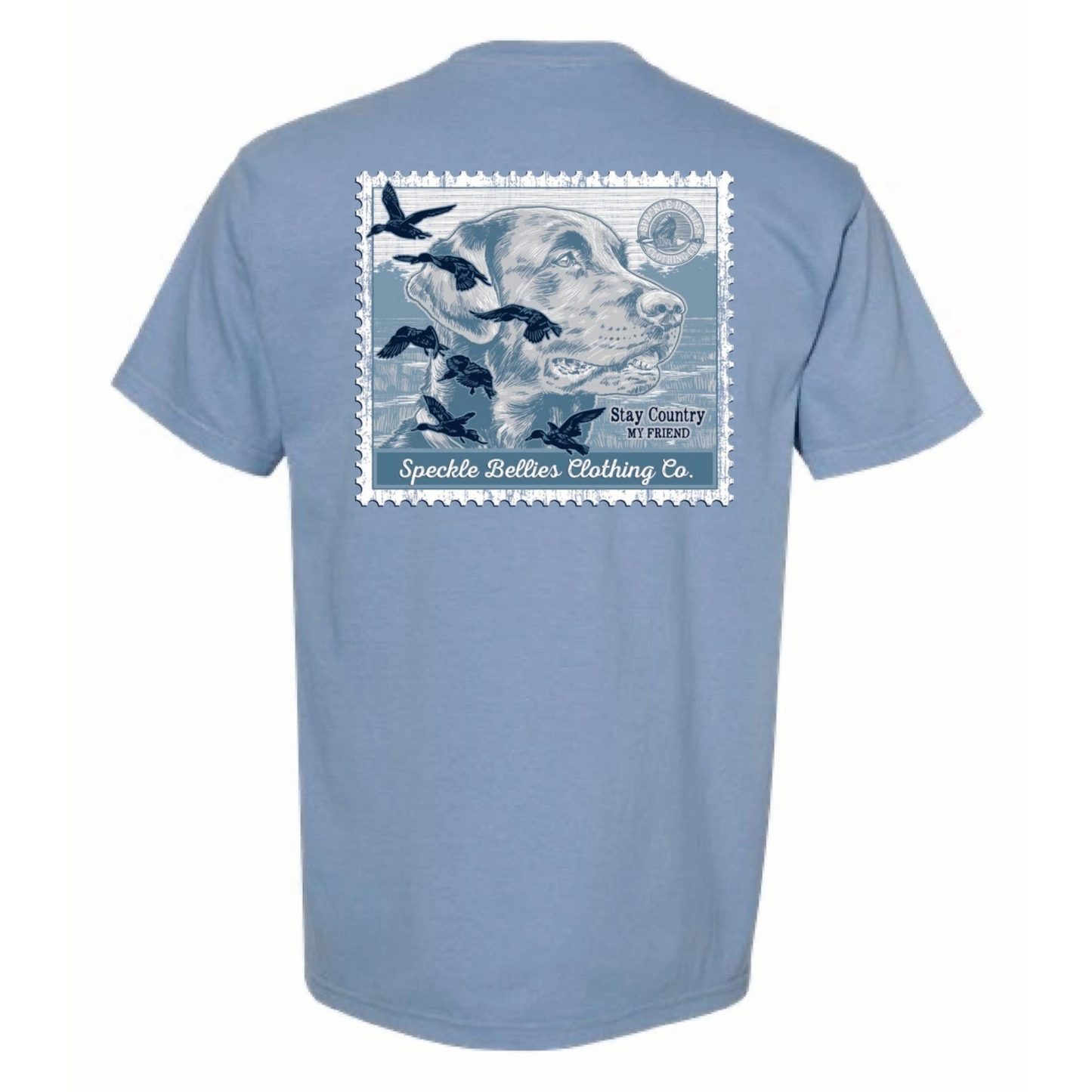 Crafted from 100% cotton, the Speckle Bellies-Lab Duck Stamp Short Sleeve Pocket Tee combines comfort with distinctive style. This expertly designed shirt showcases a classic lab and duck stamp graphic on the back, making it an ideal choice for outdoor enthusiasts and collectors. The convenient front pocket adds both function and a casual touch, ensuring this tee performs well in both everyday and active settings. Denim Blue Only