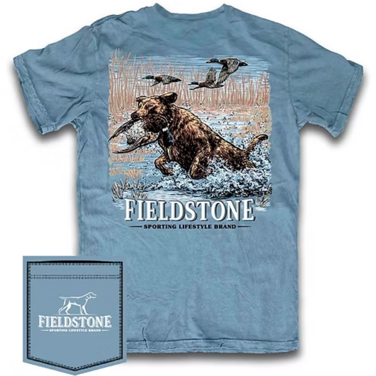 Embrace your waterfowl adventures with the water blue Short Sleeve T-Shirt from Fieldstone Brand’s Pond Sporting Lifestyle collection. Crafted for duck hunting enthusiasts, this pocket tee features the iconic Blue Retriever Splash Mallard graphic, combining style and function. Its breathable fabric ensures comfort during long days in the field, while the pocket adds practical storage. Designed to meet the demands of the outdoors, it offers durability without compromising on fit or look. Perfect for layering