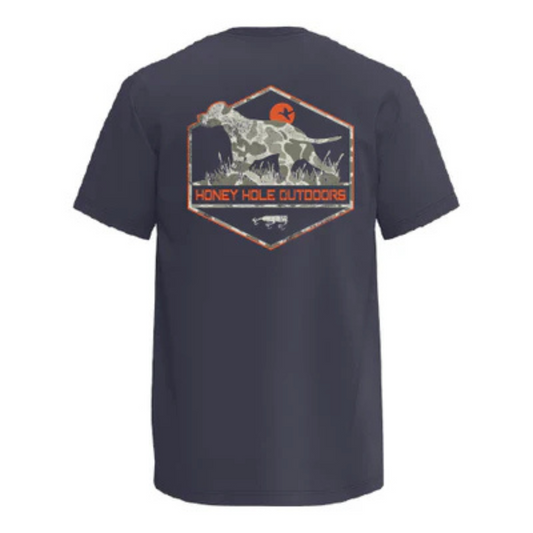 The Honey Hole Tee from Honey Hole Outdoors features a dark navy blue fabric with a distinctive dog graphic framed by a moon and duck design, blending outdoor themes with subtle artistry. This short sleeve shirt offers comfort and style, ideal for enthusiasts who appreciate quality outdoor apparel that reflects their passion. Durable and versatile, it’s perfect for casual wear or layering during your next adventure.
