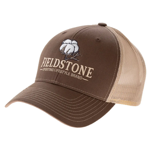 The Fieldstone Cotton Embroidered Trucker Hat combines classic style with functional design. Featuring a high structured Pro Crown and a detailed Cotton Bloom embroidery on the brown front panel, it offers a refined look. The tan mesh back ensures breathable comfort, while the pre-curved visor provides practical sun protection. Equipped with a plastic adjustable snap-back closure and a 3-part comfort cotton sweatband, this hat ensures a secure, comfortable fit for most adults. Durable and versatile, it’s id