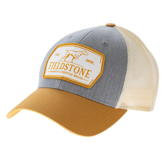 The Trucker Tri-Color Patch Hat combines functional design with rugged style. Featuring a tri-color Gray, White, and Gold scheme, it sports a distinctive Fieldstone logo patch for a classic look. Its structured high crown and pre-curved visor provide reliable sun protection, while the breathable mesh back ensures comfort during extended wear. The adjustable plastic snap-back closure offers a customizable fit, complemented by a 3-part cotton sweatband for added moisture control. Perfect for outdoor adventure