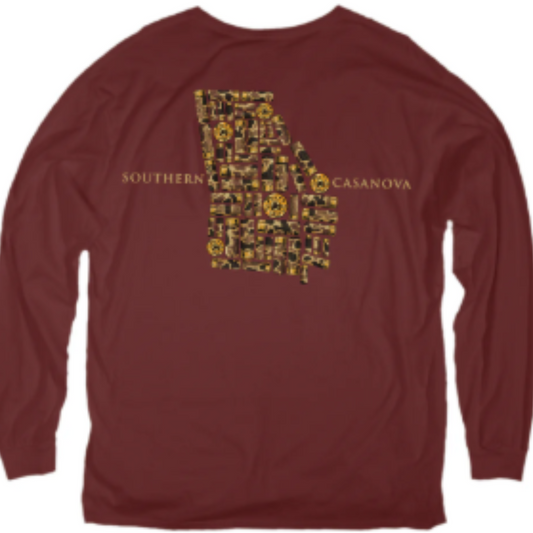 Experience comfort and style with this brick red expert-crafted long sleeve shirt from Southern Casanova Brand. Made of soft cotton, it features a deep brick red color paired with camo shell accents in the shape of Alabama, perfectly blending regional pride with a rugged aesthetic. The included pocket adds practical functionality without sacrificing design. Ideal for those who appreciate quality materials and distinctive Southern-inspired details.