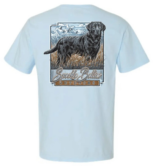 This Men's Speckled Bellies black lab short sleeve t-shirt is the perfect choice for outdoor enthusiasts. Featuring a unique speckled design and a classic black lab graphic, this t-shirt is not only stylish but also practical with its convenient pocket. Made for comfort and durability, it's a must-have for any wilderness adventure.