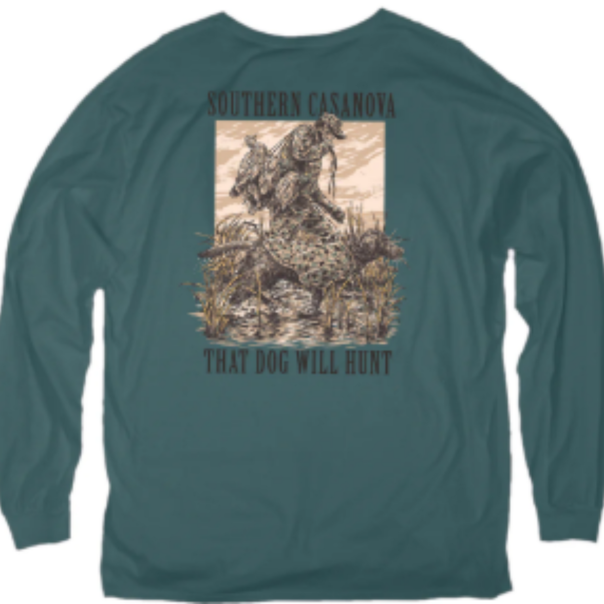 Stay comfortable and warm during your hunting season with this green Long Sleeve shirt from Southern Casanova. Featuring a black lab and mallard design, this shirt is the perfect choice for any dog hunter. Made for men, enjoy the water and stay in style with this long-lasting and durable shirt.
