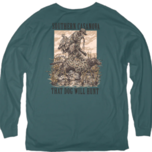 Stay comfortable and warm during your hunting season with this green Long Sleeve shirt from Southern Casanova. Featuring a black lab and mallard design, this shirt is the perfect choice for any dog hunter. Made for men, enjoy the water and stay in style with this long-lasting and durable shirt.