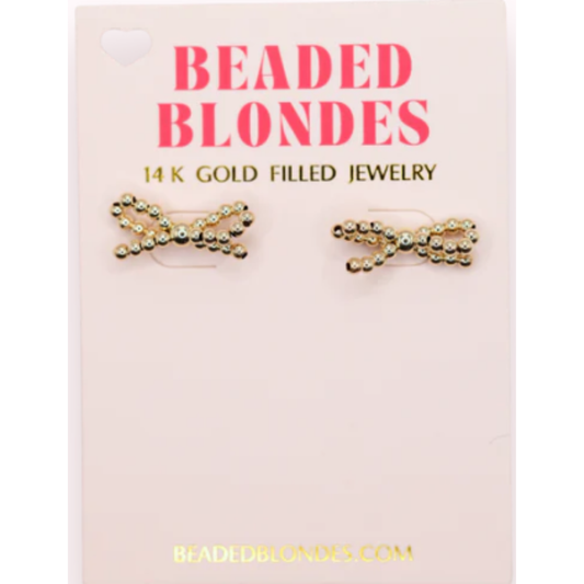 Beaded Blonde Gold Bow Earrings