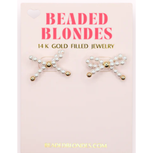 Beaded Blonde Pearl Bow Earrings