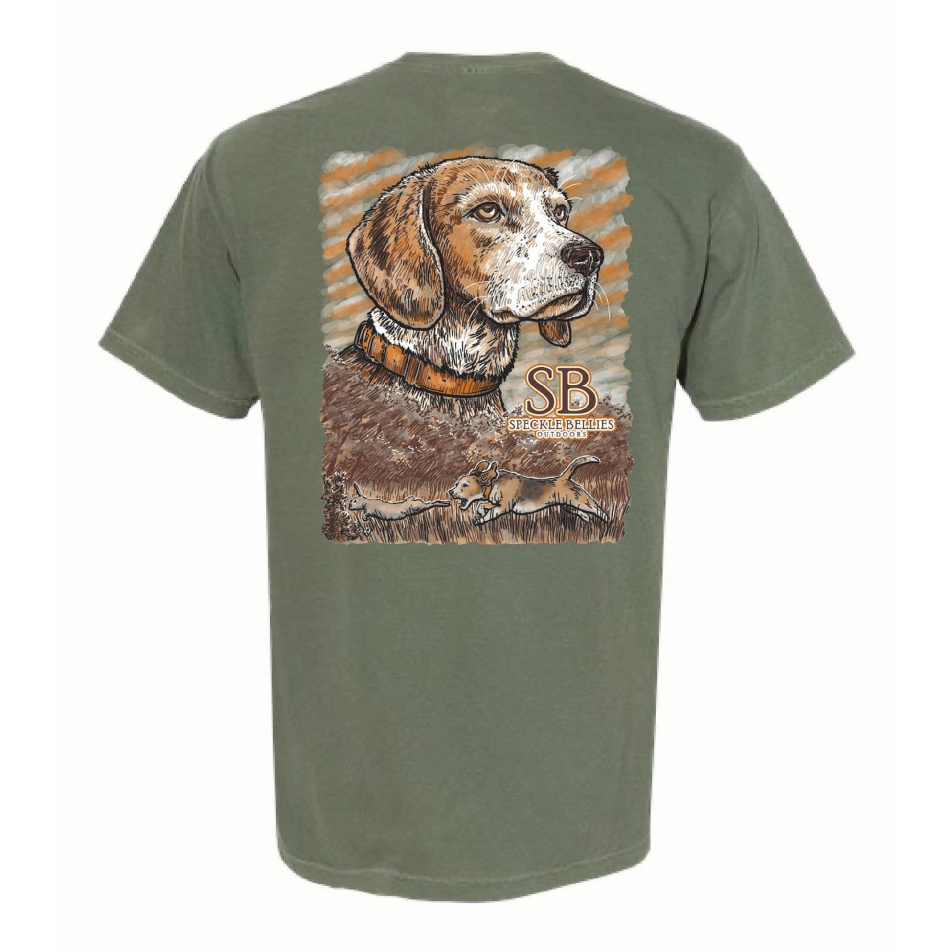 This Speckled Bellies "Beagle" short sleeve t-shirt combines classic comfort with distinctive style. Crafted from 100% cotton, it offers breathable softness ideal for everyday wear. The detailed graphic features a beagle chasing a rabbit, capturing an energetic outdoor spirit. A convenient chest pocket adds subtle practicality without compromising the shirt’s clean design. Perfect for those who appreciate quality fabric and nature-inspired imagery in their casual wardrobe.