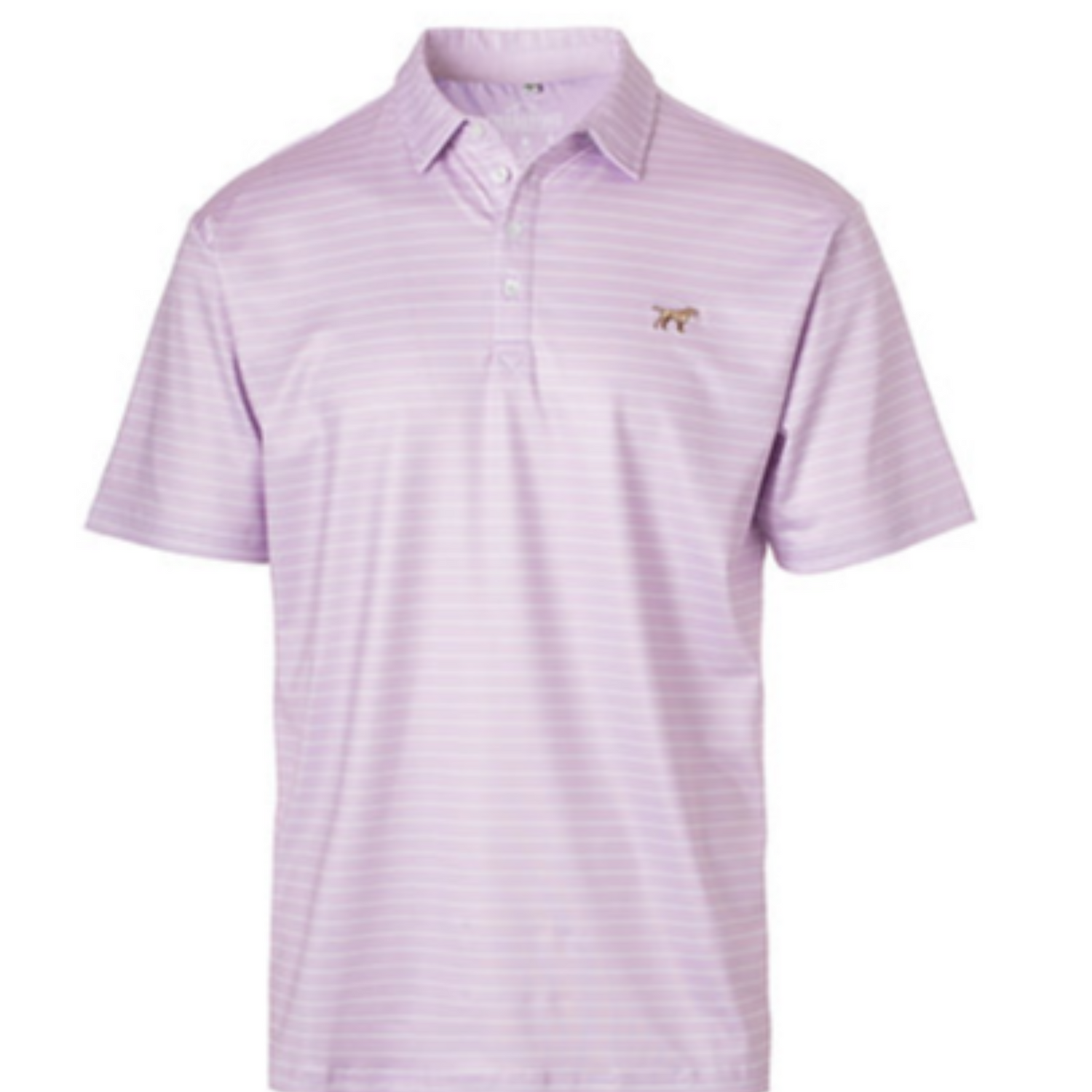 The Fieldstone Polo combines performance and style for outdoor enthusiasts. Crafted from a soft blend of polyester and spandex, it offers excellent comfort and stretch. This collared shirt features a classic button closure and a subtle striped pattern in lavender and white, accented by the distinctive dog logo. Designed for durability and breathability, it’s ideal for active days in the field or casual wear. Elevate your outdoor wardrobe with this expertly made, versatile polo.