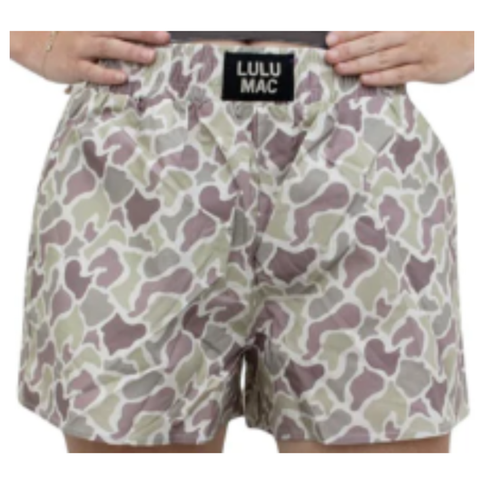 Lulu Mac Camo Shorts combine functional design with stylish comfort, tailored specifically for women. Featuring a subtle camo print and distinctive Lulu Mac logo, these pocket shorts offer a flattering fit and practical storage. Perfect for casual wear or outdoor activities, they balance a cute look with dependable comfort, making them a versatile addition to any women's wardrobe.
